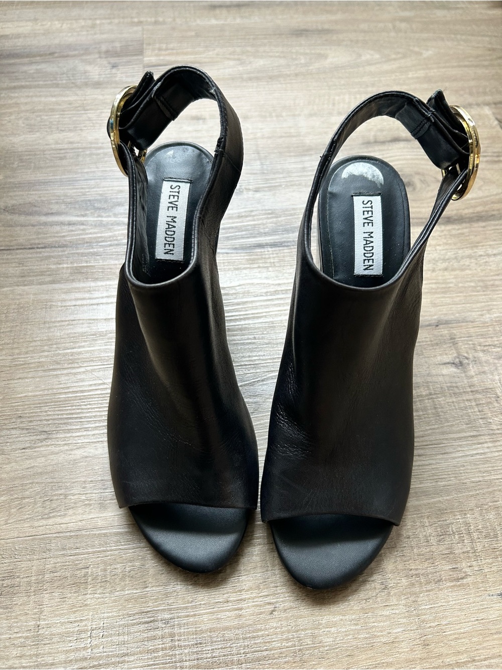 Steve Madden Black Open-Toe Slingback Heels with Gold Buckle